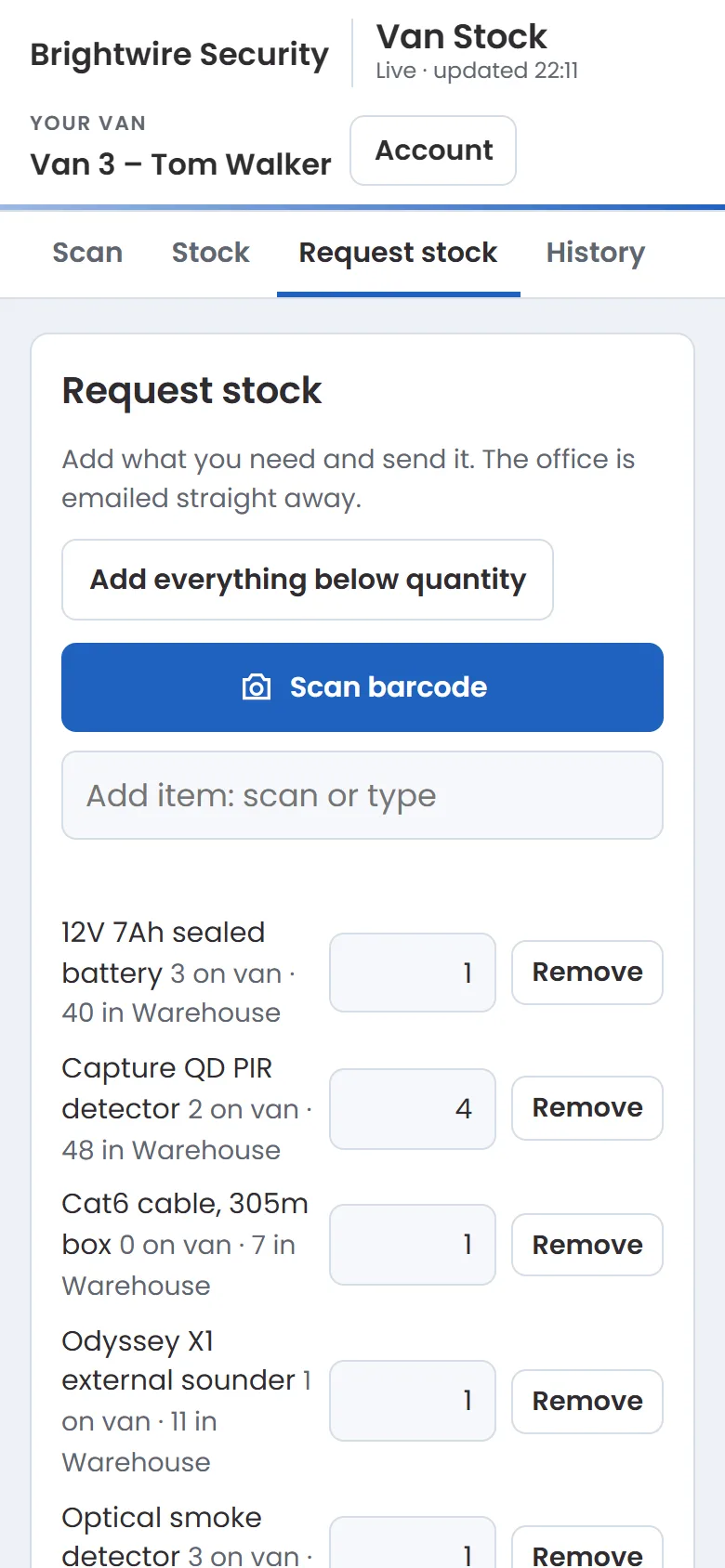 An engineer's stock request, filled with everything their van is short of